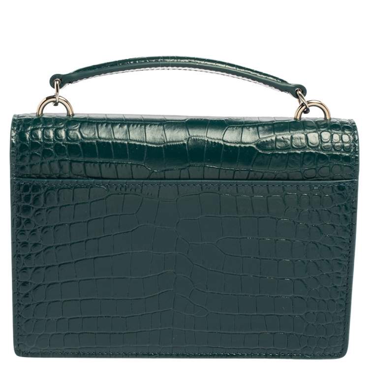 Pre Owned Saint Laurent Green Croc Embossed Leather Sunset Crossbody Bag