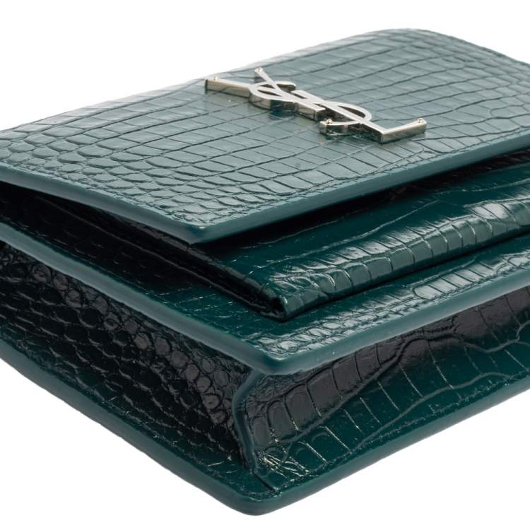 Pre Owned Saint Laurent Green Croc Embossed Leather Sunset Crossbody Bag