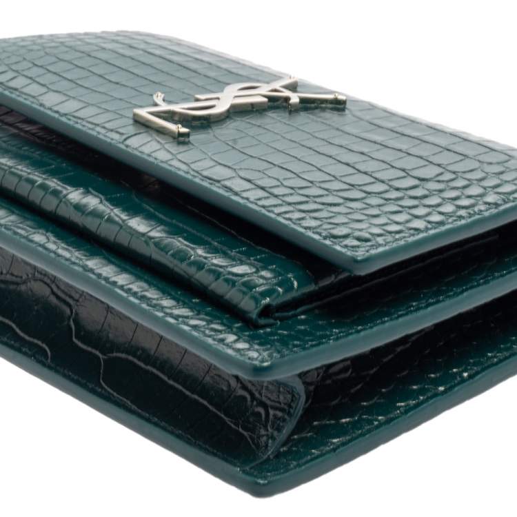 Pre Owned Saint Laurent Green Croc Embossed Leather Sunset Crossbody Bag
