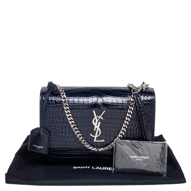 Pre Owned Yves Saint Laurent Paris Dark Blue Croc Embossed Leather Sunset Shoulder Bag
