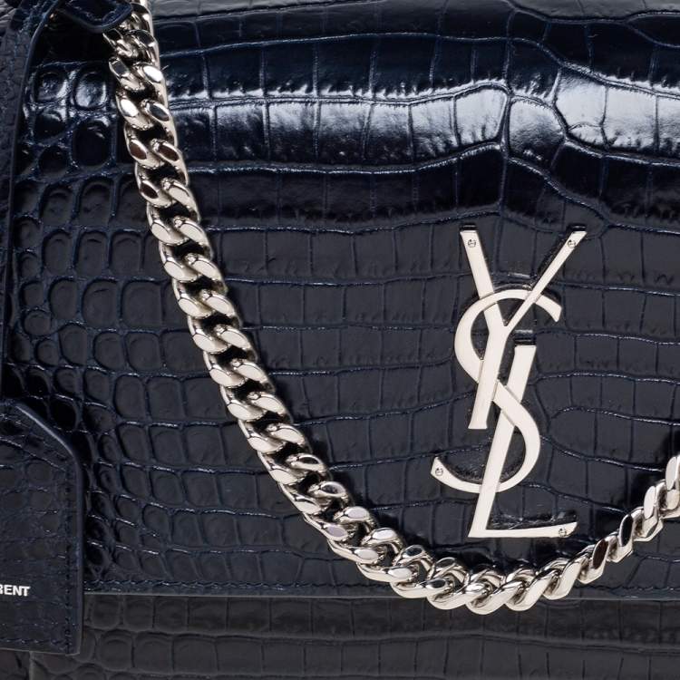 Pre Owned Yves Saint Laurent Paris Dark Blue Croc Embossed Leather Sunset Shoulder Bag