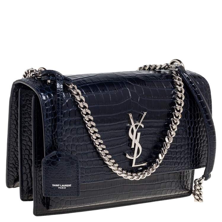 Pre Owned Yves Saint Laurent Paris Dark Blue Croc Embossed Leather Sunset Shoulder Bag