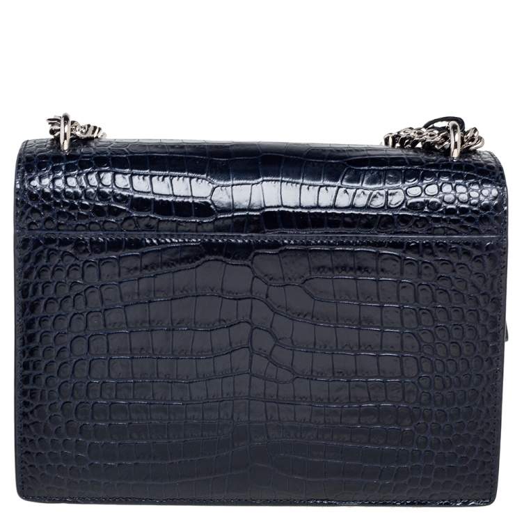 Pre Owned Yves Saint Laurent Paris Dark Blue Croc Embossed Leather Sunset Shoulder Bag