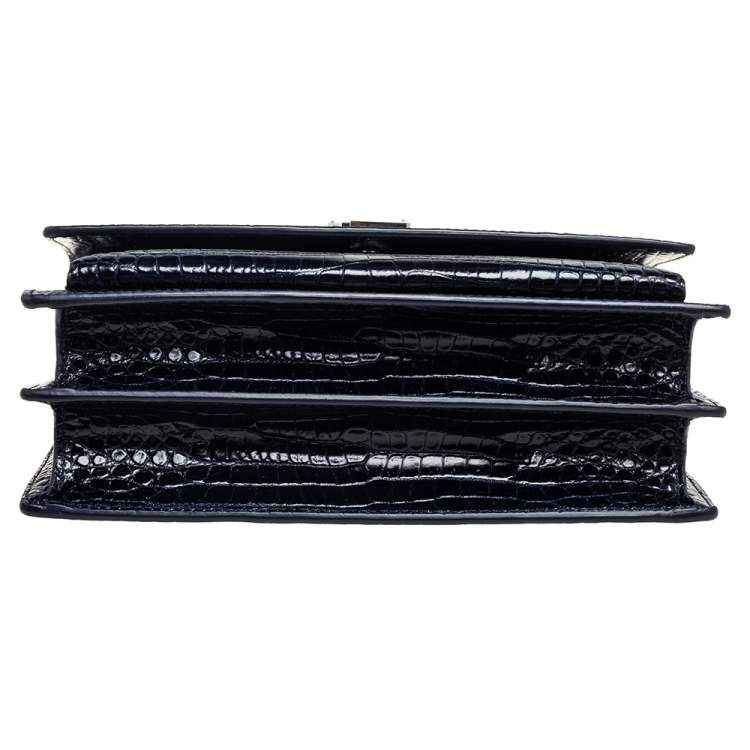 Pre Owned Yves Saint Laurent Paris Dark Blue Croc Embossed Leather Sunset Shoulder Bag
