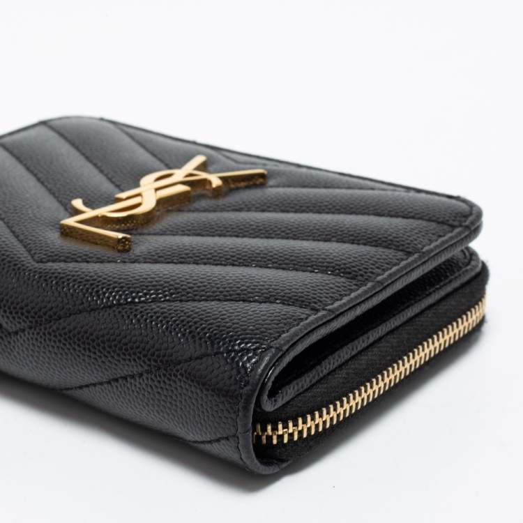 Pre Owned Saint Laurent Black Matelassé Leather Monogram Compact Wallet