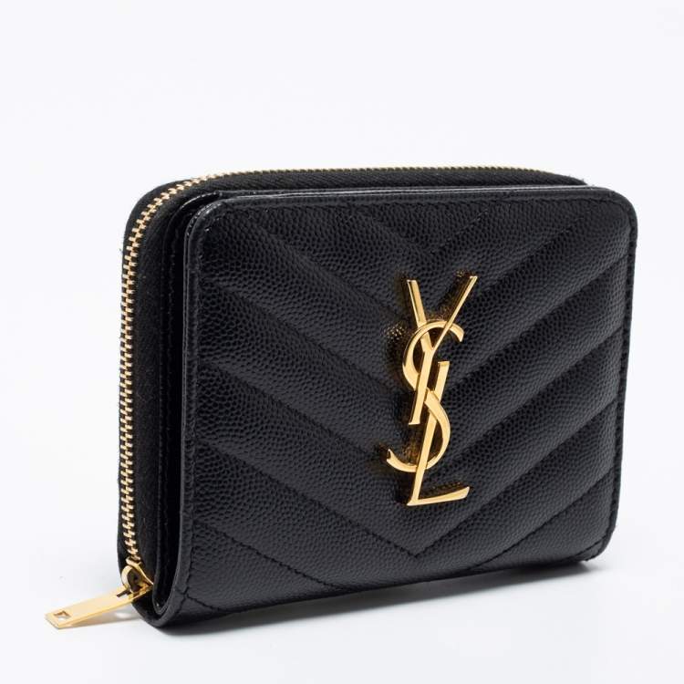 Pre Owned Saint Laurent Black Matelassé Leather Monogram Compact Wallet