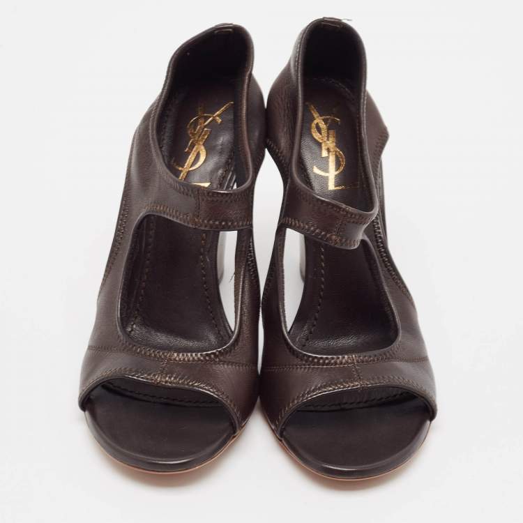 Pre Owned Yves Saint Laurent Brown Leather Wedge Sandals Size 39