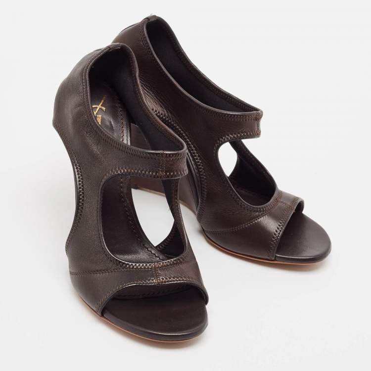 Pre Owned Yves Saint Laurent Brown Leather Wedge Sandals Size 39