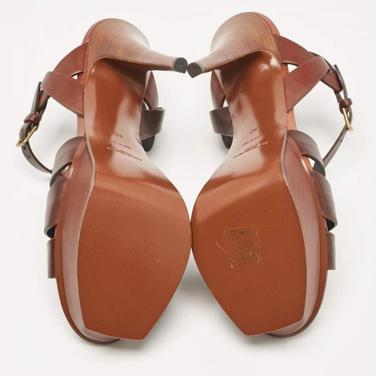 Pre Owned Yves Saint Laurent Brown Leather Tribute Platform Sandals Size 40