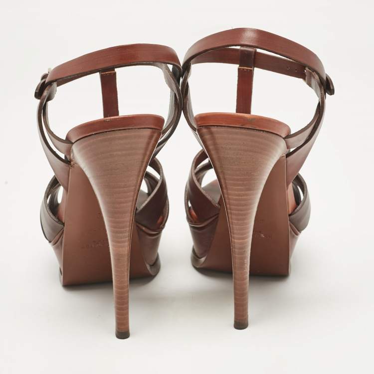 Pre Owned Yves Saint Laurent Brown Leather Tribute Platform Sandals Size 40