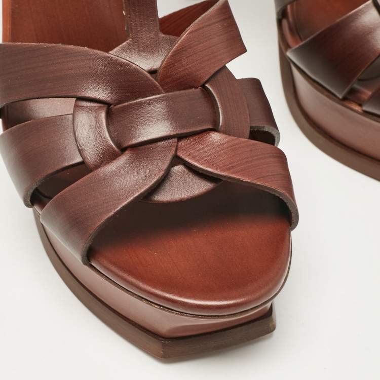 Pre Owned Yves Saint Laurent Brown Leather Tribute Platform Sandals Size 40