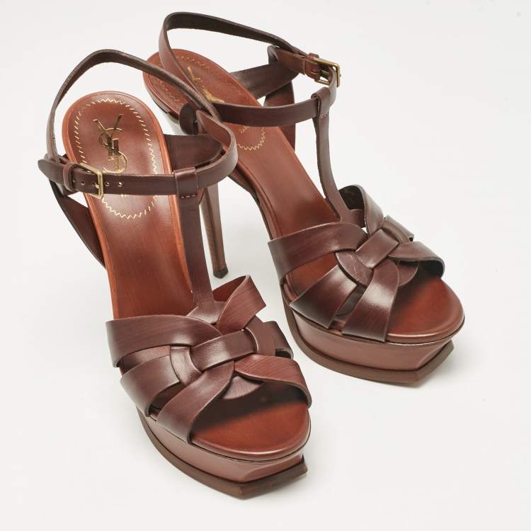 Pre Owned Yves Saint Laurent Brown Leather Tribute Platform Sandals Size 40