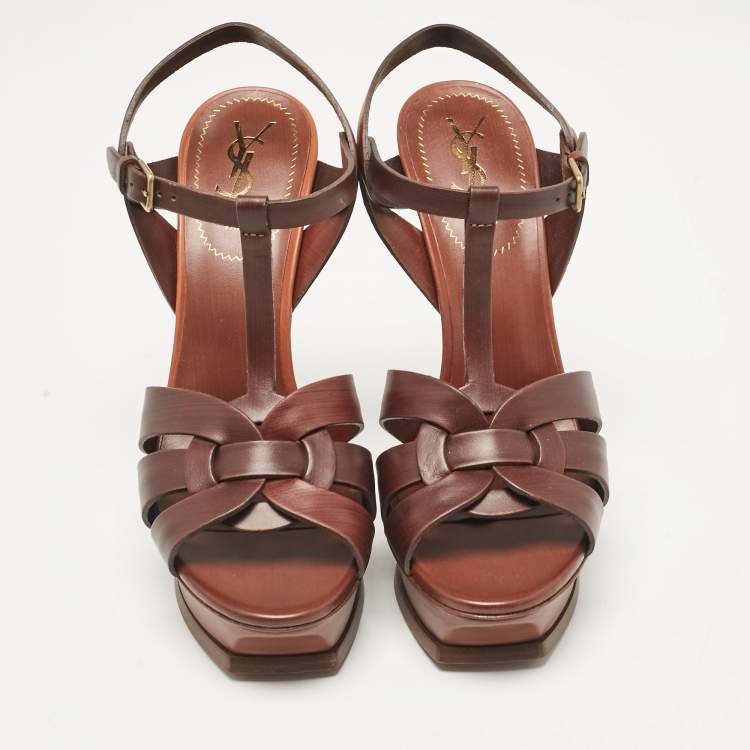 Pre Owned Yves Saint Laurent Brown Leather Tribute Platform Sandals Size 40