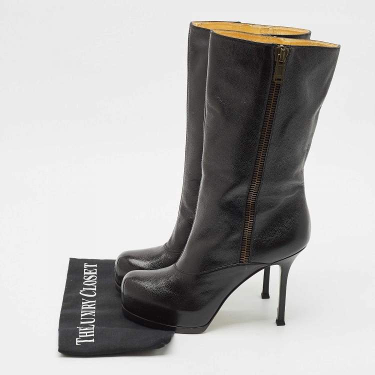 Pre Owned Yves Saint Laurent Black Leather Tribtoo Platform Ankle Boots Size 39