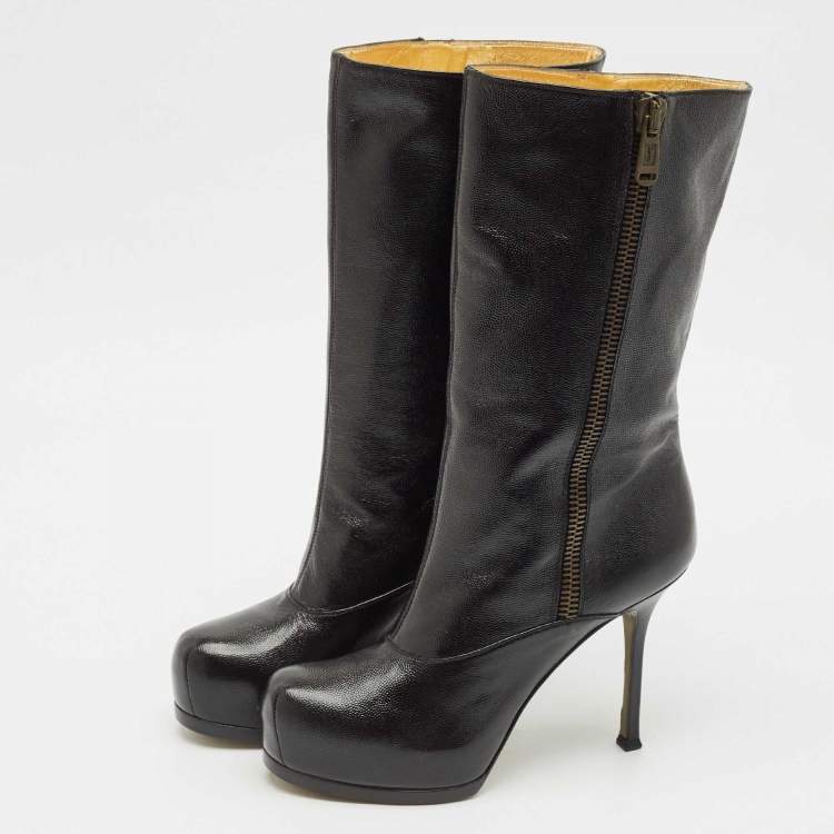 Pre Owned Yves Saint Laurent Black Leather Tribtoo Platform Ankle Boots Size 39