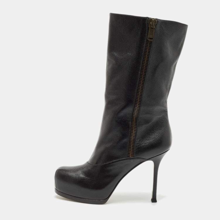 Pre Owned Yves Saint Laurent Black Leather Tribtoo Platform Ankle Boots Size 39