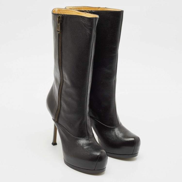 Pre Owned Yves Saint Laurent Black Leather Tribtoo Platform Ankle Boots Size 39