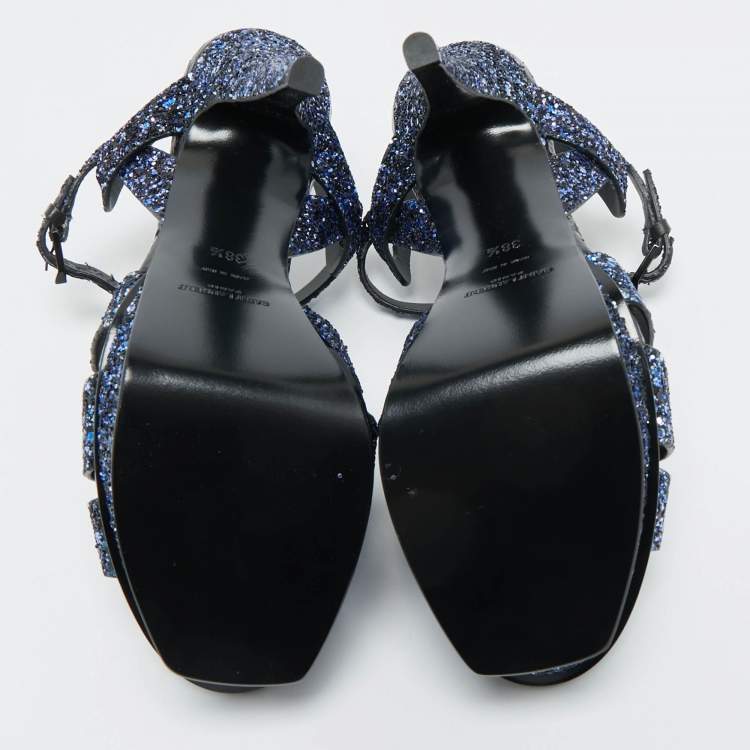 Pre Owned Yves Saint Laurent Navy Blue Glitter and  Python Embossed Tribute Platform Sandals Size 38.5