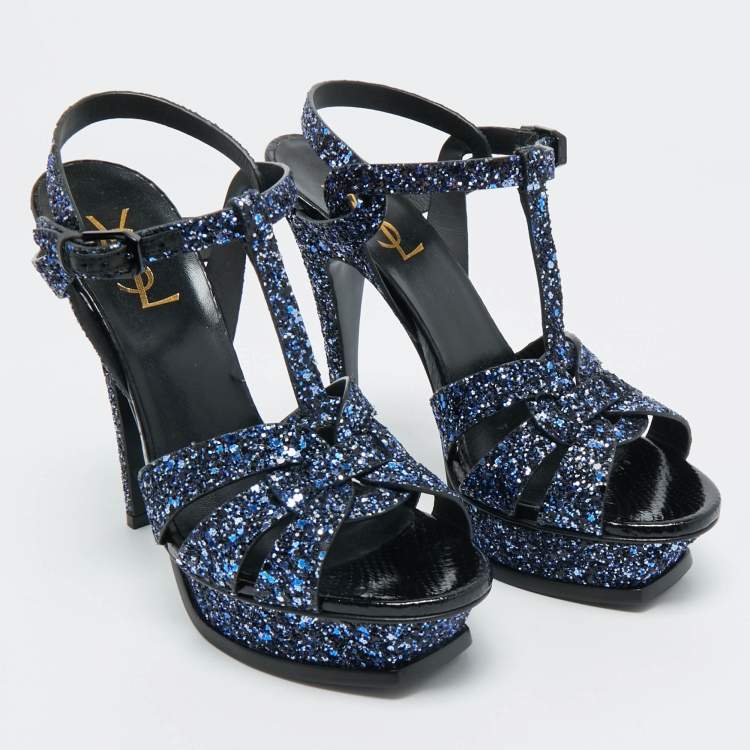 Pre Owned Yves Saint Laurent Navy Blue Glitter and  Python Embossed Tribute Platform Sandals Size 38.5