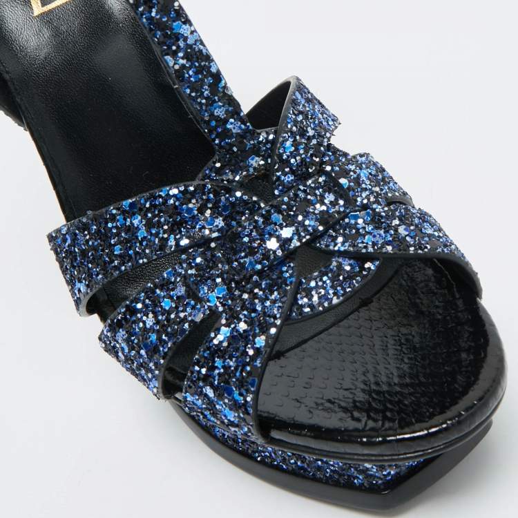 Pre Owned Yves Saint Laurent Navy Blue Glitter and  Python Embossed Tribute Platform Sandals Size 38.5