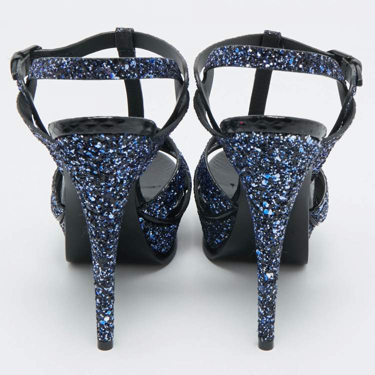 Pre Owned Yves Saint Laurent Navy Blue Glitter and  Python Embossed Tribute Platform Sandals Size 38.5