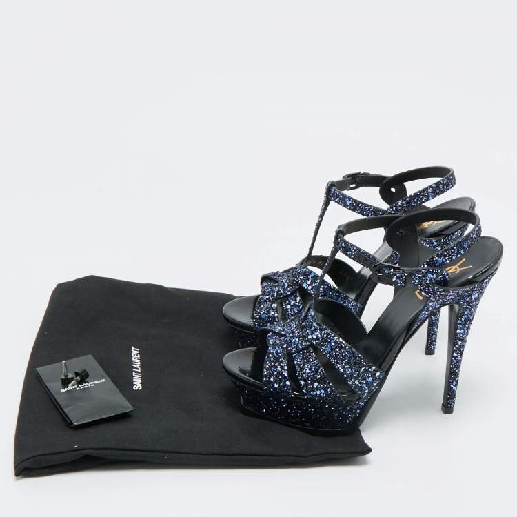 Pre Owned Yves Saint Laurent Navy Blue Glitter and  Python Embossed Tribute Platform Sandals Size 38.5