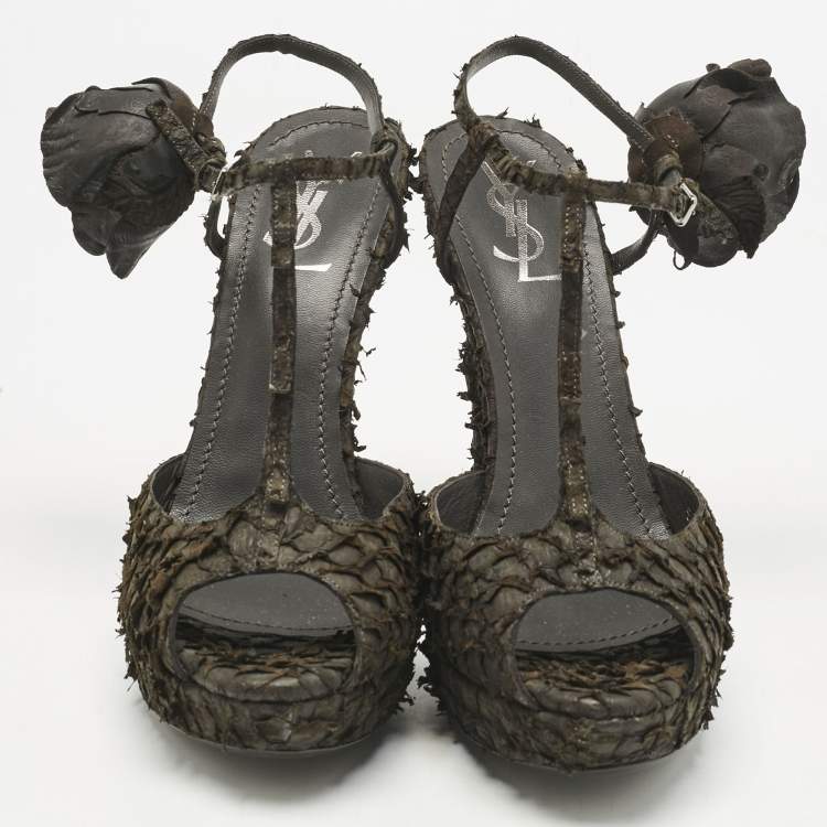 Pre Owned Yves Saint Laurent  Dark Brown Python Platform Sandals Size 39.5
