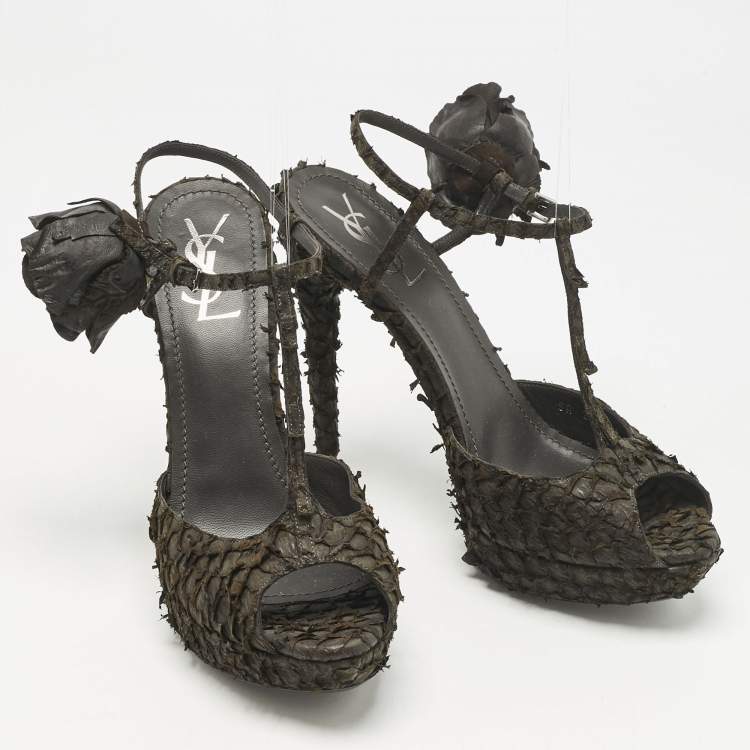 Pre Owned Yves Saint Laurent  Dark Brown Python Platform Sandals Size 39.5