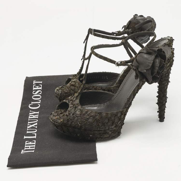 Pre Owned Yves Saint Laurent  Dark Brown Python Platform Sandals Size 39.5