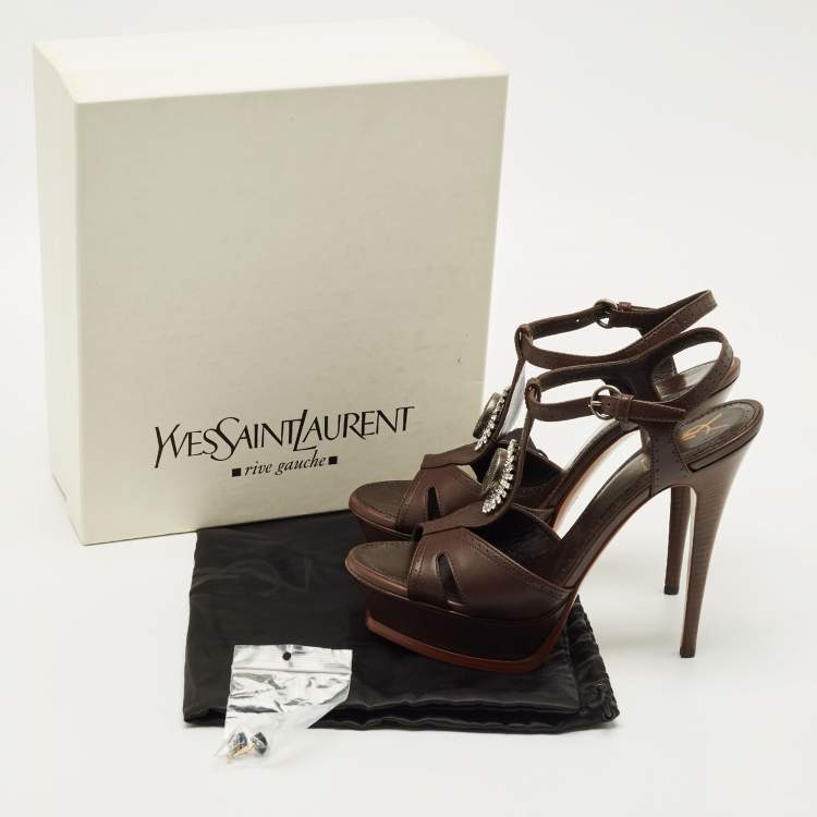 Pre Owned Yves Saint Laurent Brown Leather Ankle Strap Sandals Size 41