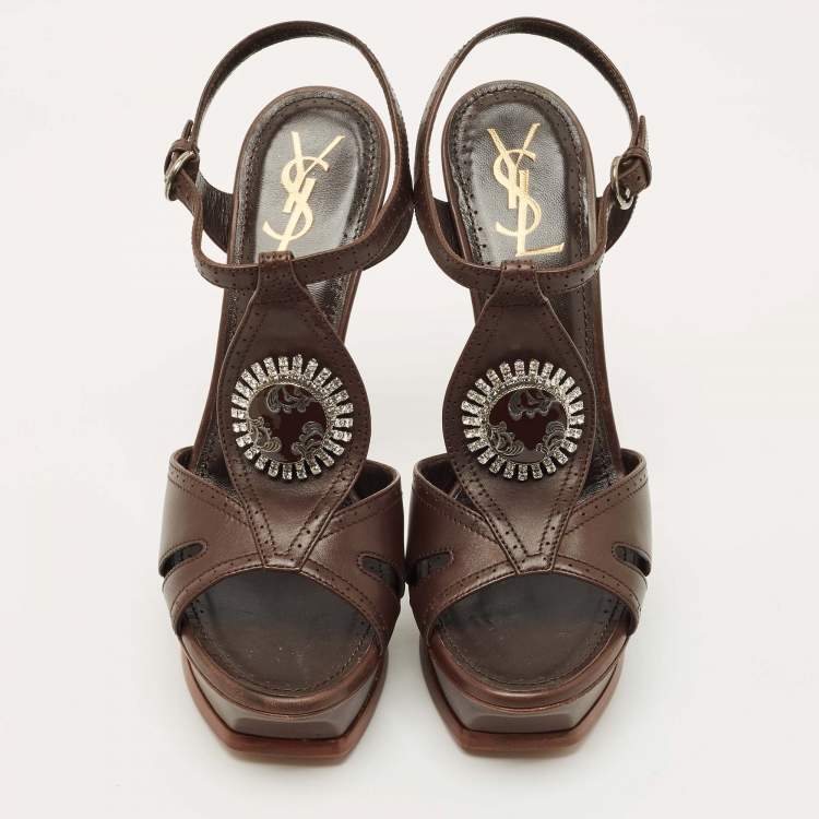 Pre Owned Yves Saint Laurent Brown Leather Ankle Strap Sandals Size 41