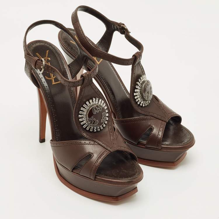 Pre Owned Yves Saint Laurent Brown Leather Ankle Strap Sandals Size 41