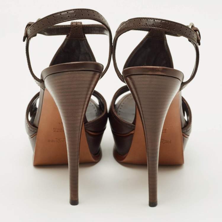 Pre Owned Yves Saint Laurent Brown Leather Ankle Strap Sandals Size 41