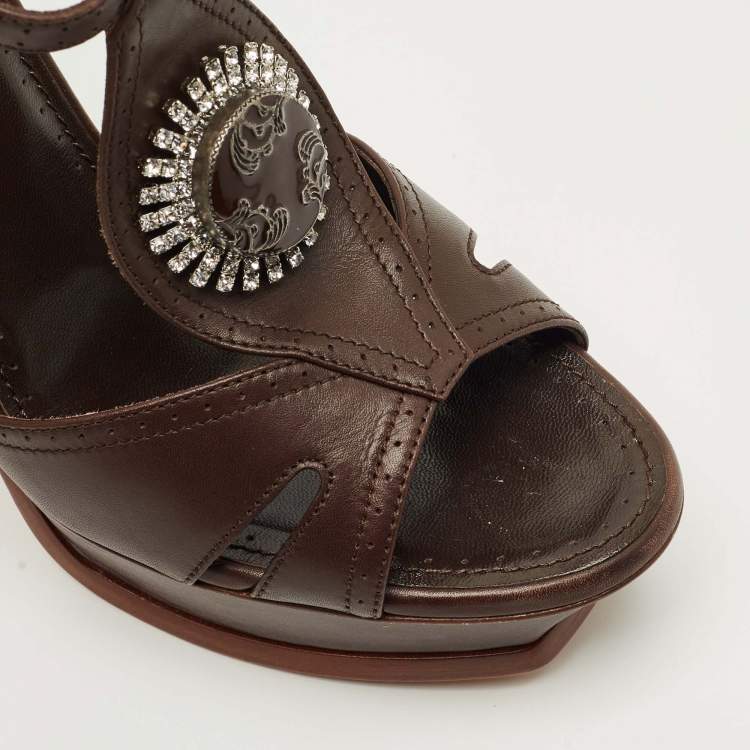 Pre Owned Yves Saint Laurent Brown Leather Ankle Strap Sandals Size 41