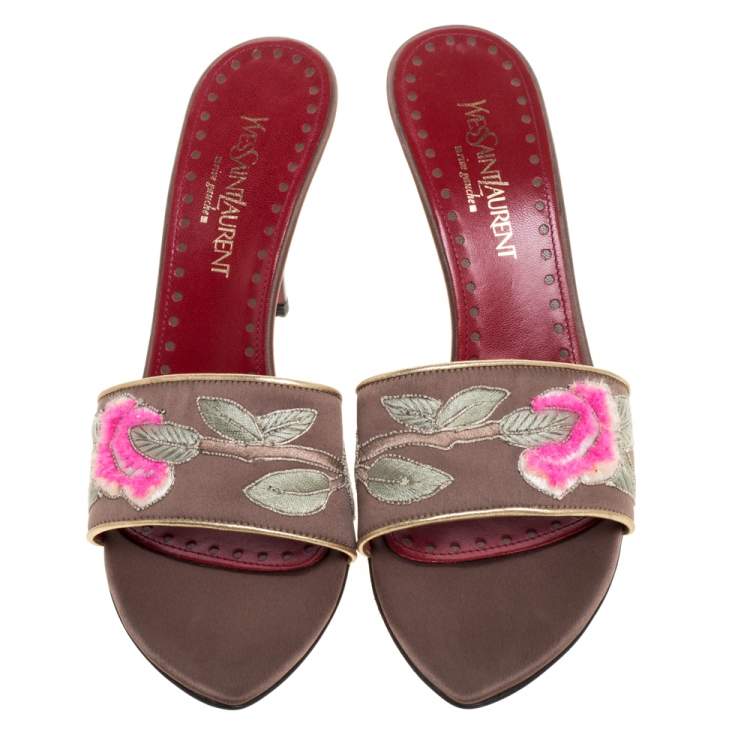 Pre Owned Yves Saint Laurent Vintage Beige Embroidered Satin Open Toe Sandals Size 38.5