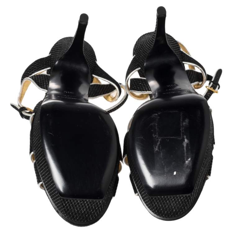 Pre Owned Yves Saint Laurent Black/Silver Textured Suede And Leather Tribute Platform Ankle Strap Sandals Size 39.5