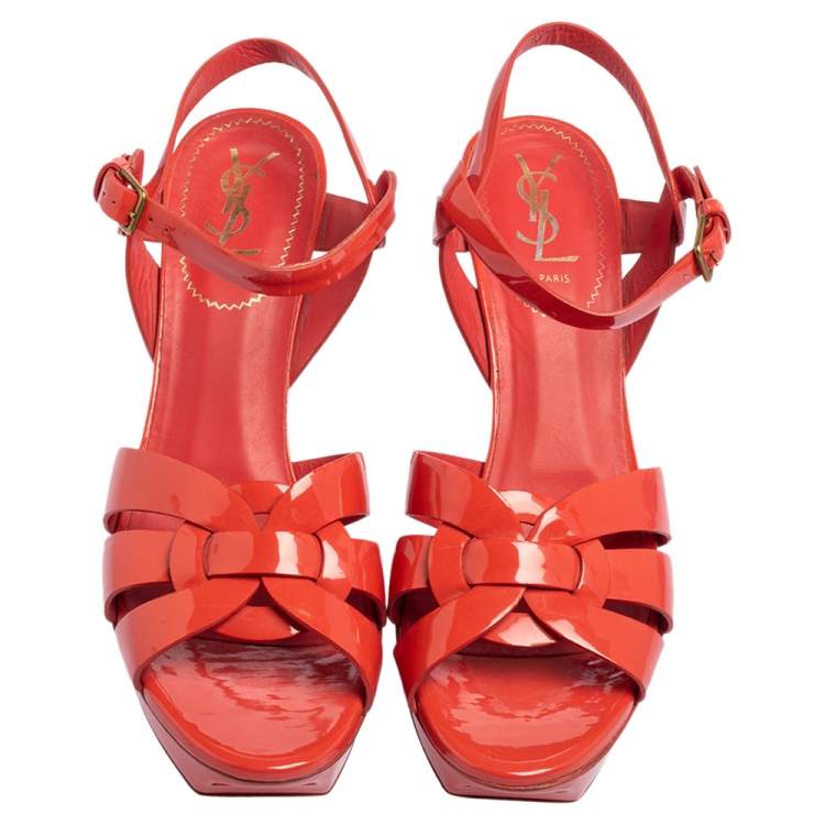 Pre Owned Yves Saint Laurent Coral Red Patent Leather Tribute Platform Sandals Size 40