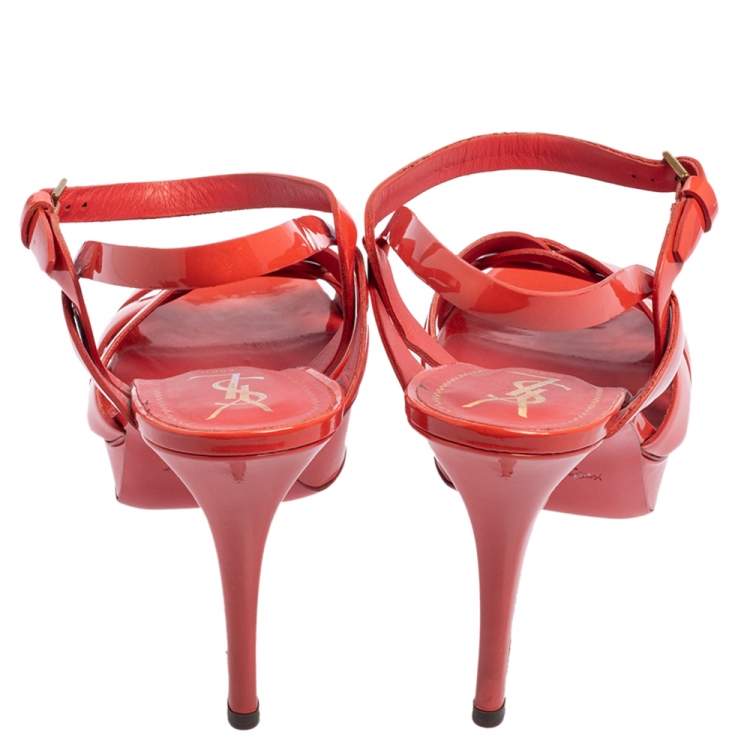 Pre Owned Yves Saint Laurent Coral Red Patent Leather Tribute Platform Sandals Size 40