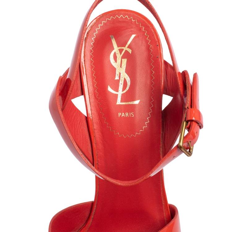Pre Owned Yves Saint Laurent Coral Red Patent Leather Tribute Platform Sandals Size 40