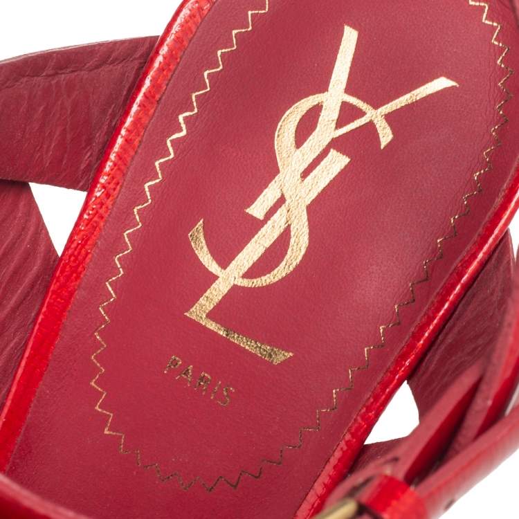 Pre Owned Yves Saint Laurent Red Patent Leather Tribute Platform Sandals Size 38