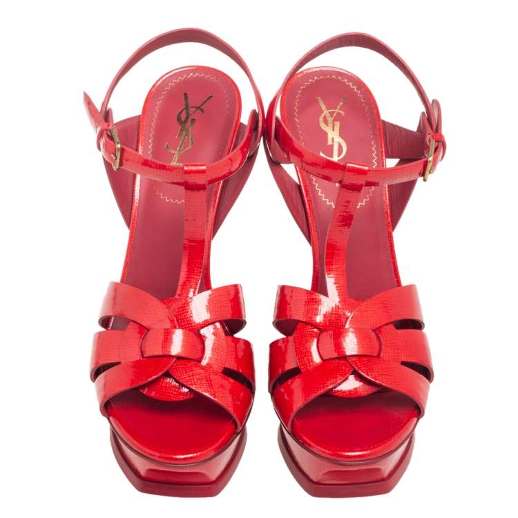 Pre Owned Yves Saint Laurent Red Patent Leather Tribute Platform Sandals Size 38