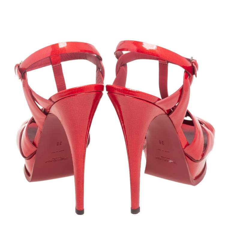 Pre Owned Yves Saint Laurent Red Patent Leather Tribute Platform Sandals Size 38