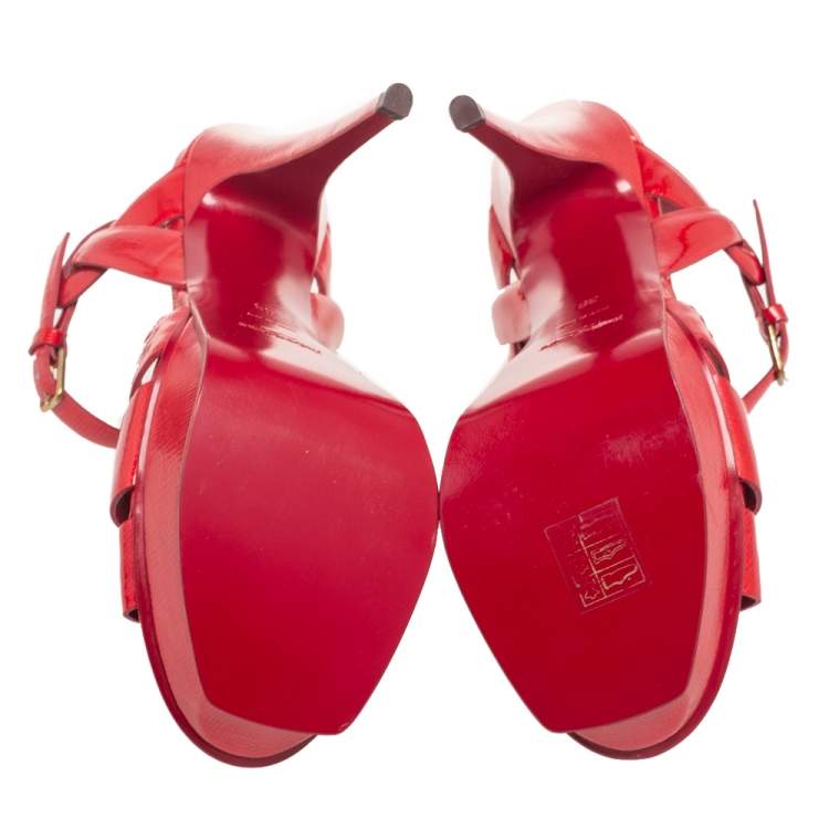Pre Owned Yves Saint Laurent Red Patent Leather Tribute Platform Sandals Size 38