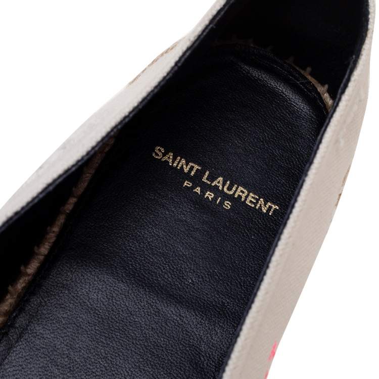 Pre Owned Saint Laurent Ivory Canvas Embroidered Logo Flat Espadrilles Size 40