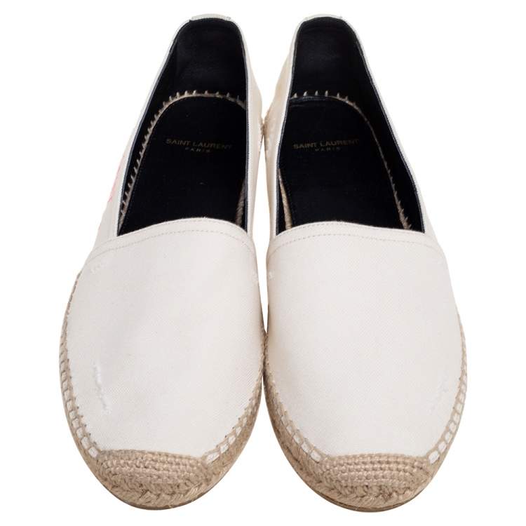 Pre Owned Saint Laurent Ivory Canvas Embroidered Logo Flat Espadrilles Size 40