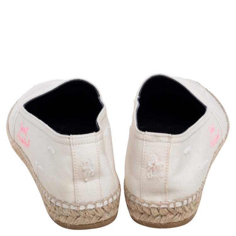 Pre Owned Saint Laurent Ivory Canvas Embroidered Logo Flat Espadrilles Size 40