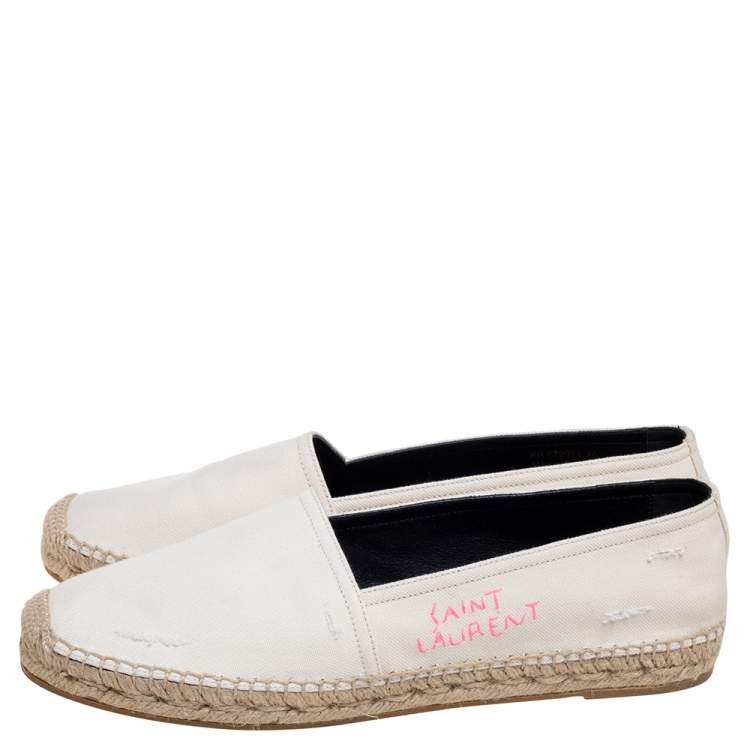 Pre Owned Saint Laurent Ivory Canvas Embroidered Logo Flat Espadrilles Size 40