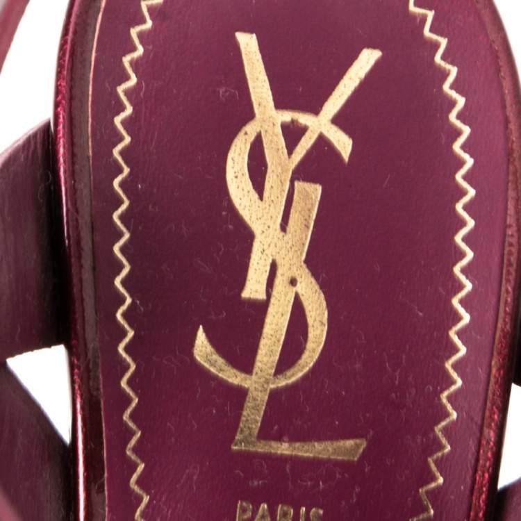 Pre Owned Yves Saint Laurent Burgundy  Patent Leather Tribute Platform Sandals Size 38