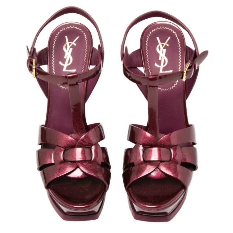 Pre Owned Yves Saint Laurent Burgundy  Patent Leather Tribute Platform Sandals Size 38