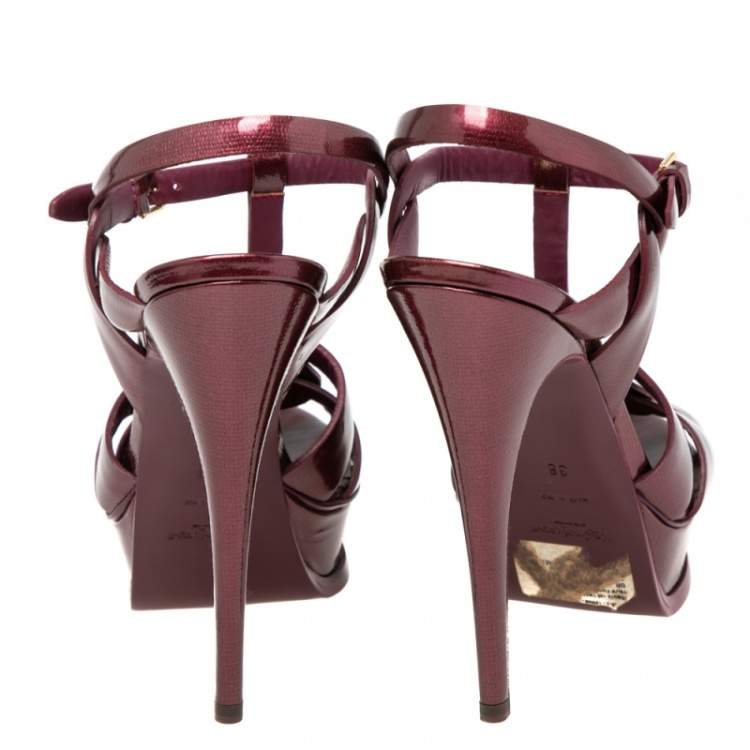 Pre Owned Yves Saint Laurent Burgundy  Patent Leather Tribute Platform Sandals Size 38
